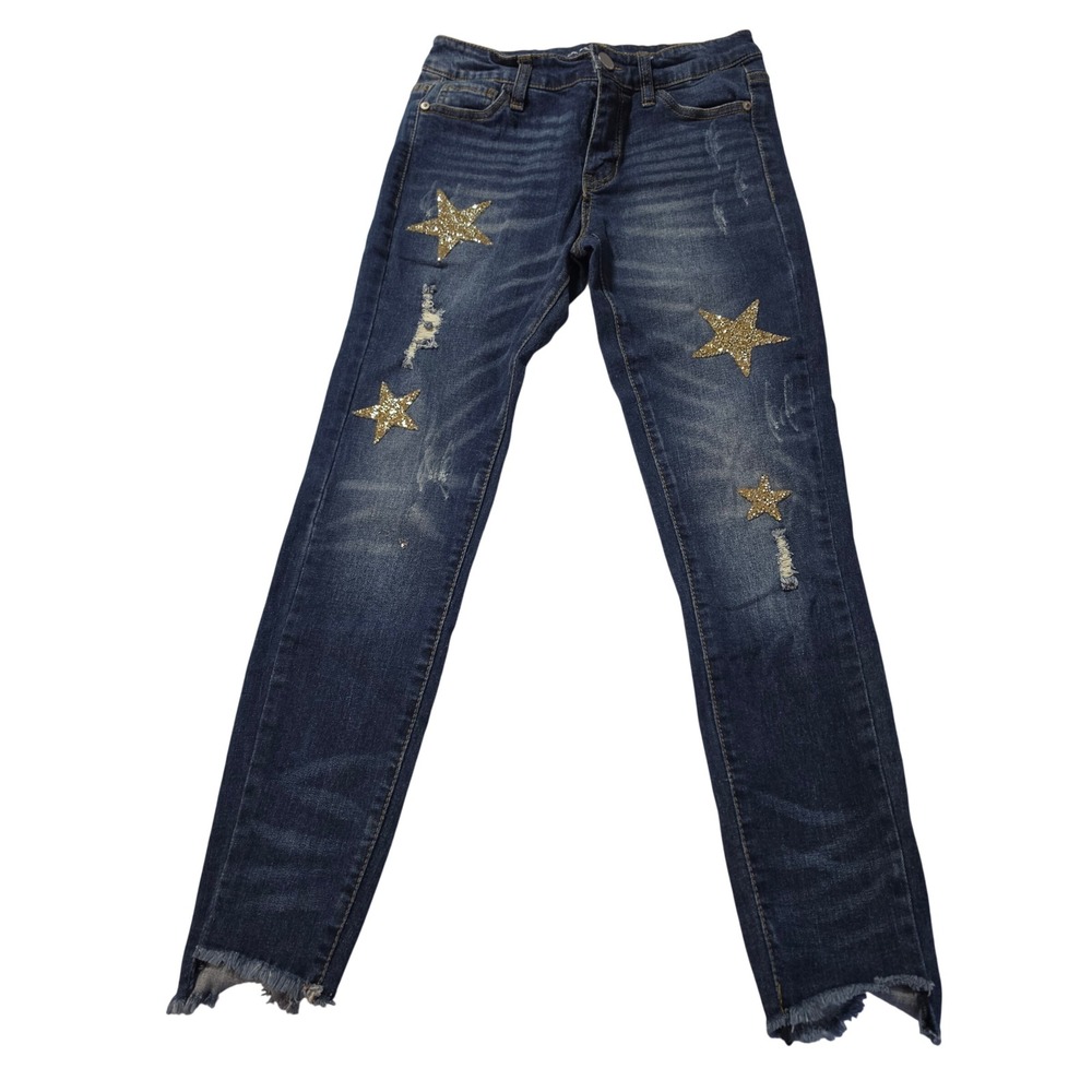 Almost Famous Womens Mid Rise Skinny Jeans Dark Wash Gold Glitter Star Size 3